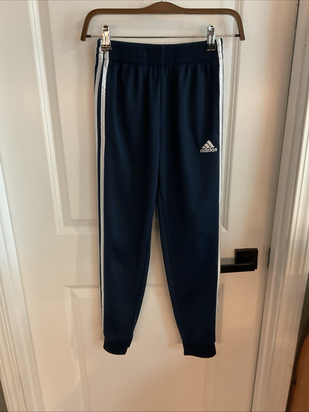 Adidas - Drawstring Elastic Waist Kids Navy Blue Track Pants with White Stripes